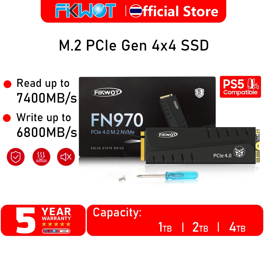 Fikwot FN970 M.2 2280 NVMe PCIe Gen4.0x4 SSD with DRAM Cache Read/Write 7400/6800MB/s สำหรับ Laptop/PC/PS5 1TB 2TB 4TB