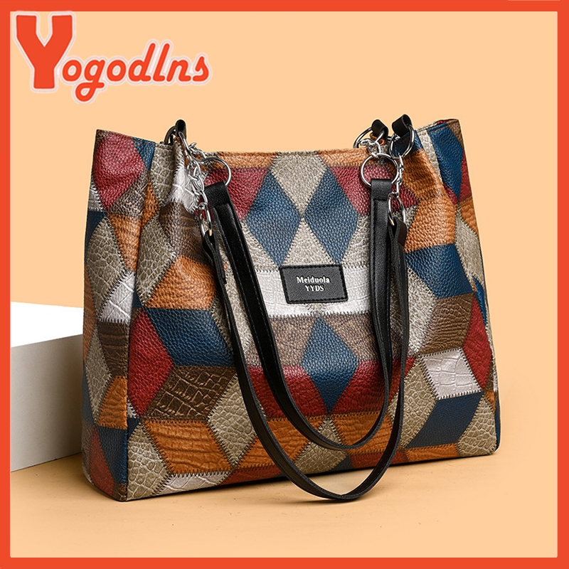 Yogodlns Fashion Contrast Color Large Capacity Female Tote Bag PU Leather Womens Shoulder Bag