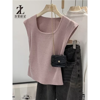 ZHELIHANGFEI เวอร์ชั่นเกาหลีแฟชั่นถัก เสื้อชั้นในสตรี ผู้หญิงสวมใส่ด้านนอกสั้น ยู-คอหวานลายเสื้อยืดแขนกุด