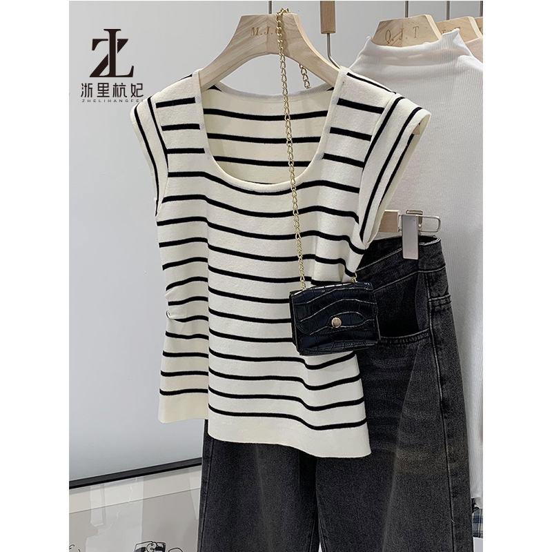 ZHELIHANGFEI เวอร์ชั่นเกาหลีแฟชั่นถัก เสื้อชั้นในสตรี ผู้หญิงสวมใส่ด้านนอกสั้น ยู-คอหวานลายเสื้อยืดแขนกุด