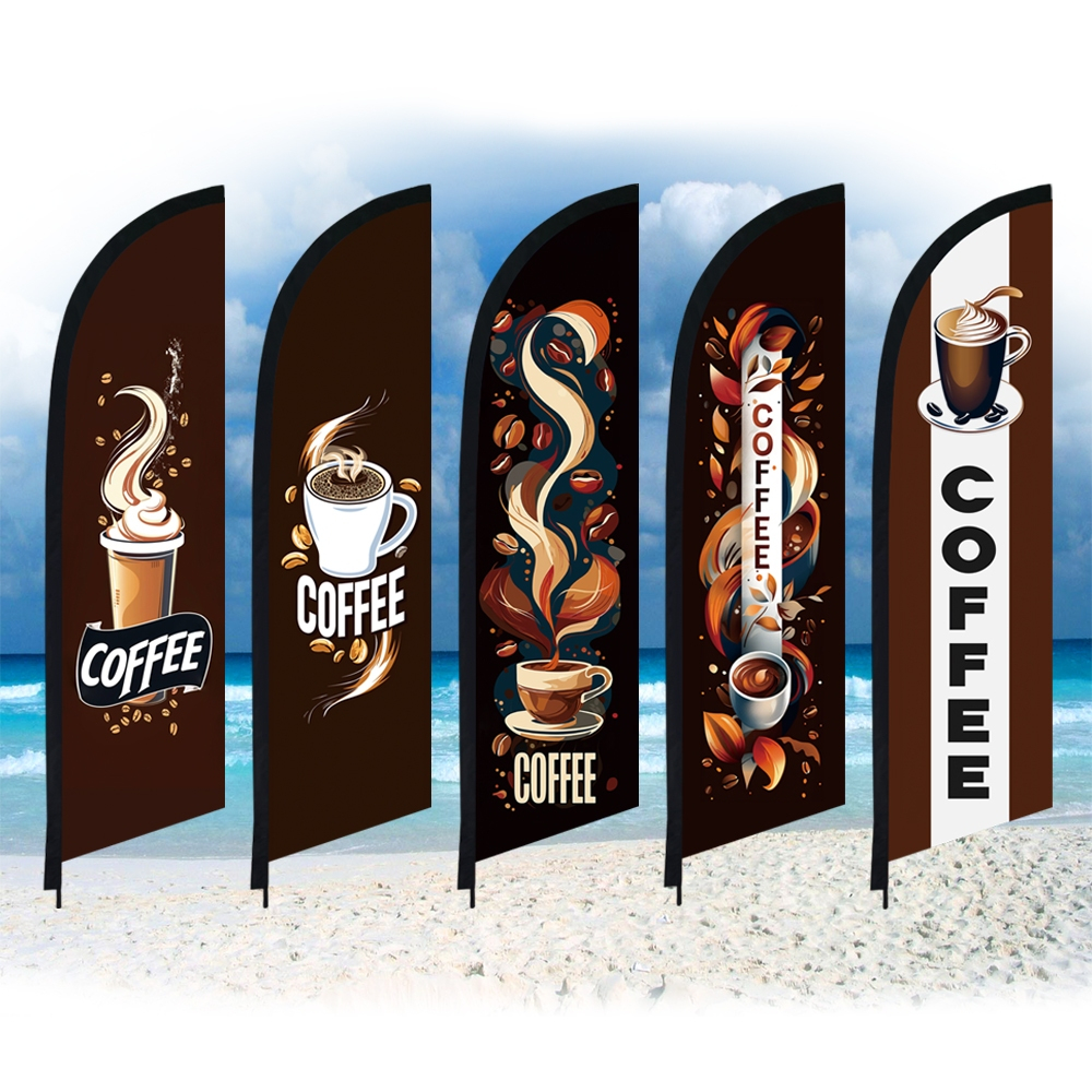 กาแฟร้านขนธง - แบนเนอร์โฆษณากลางแจ้งโดยไม่มีเสา, ชุดสำหรับโฆษณาชายหาดและร้านค้าสามารถปรับแต่งโลโก้และสโลแกนส่วนบุคคล