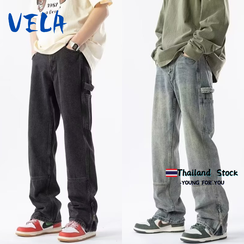 Vela กางเกงยีนขายาวผู้ชาย ทรงตรง ทรงหลวม สไตล์อเมริกัน สตรีท baggyjeans