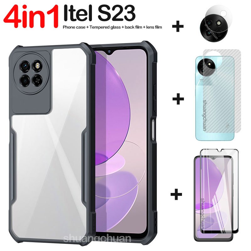 4in1 For itel S23 Case และ S23 กระจกนิรภัยแบบเต็มหน้าจอ ฟิล์มกระจกนิรภัย+เลนส์กล้อง ฟิล์ม+ฟิล์มด้านห