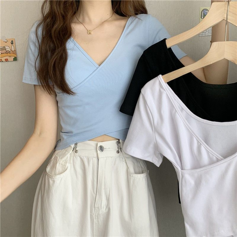 【WJZ】เสื้อยืดคอวีแขนสั้นสีพื้นเซ็กซี่สไตล์เกาหลีสำหรับผู้หญิง【31】