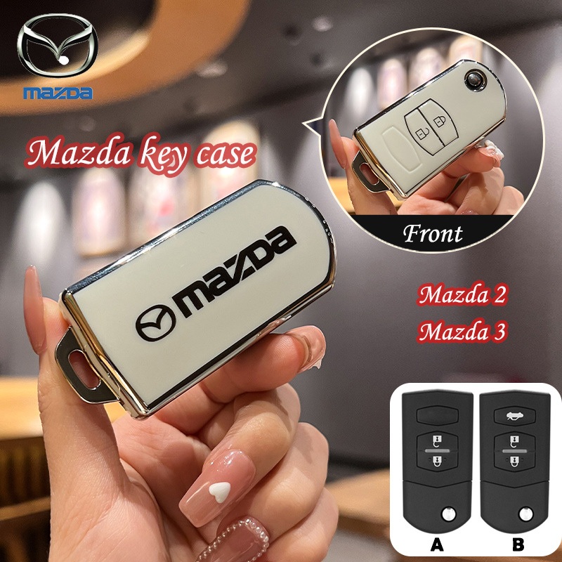 เคสกุญแจ 2/3 ปุ่ม สําหรับ Mazda 2/Mazda 3/Mazda 5 พร้อมฝาครอบและพวงกุญแจ ขอบเงิน