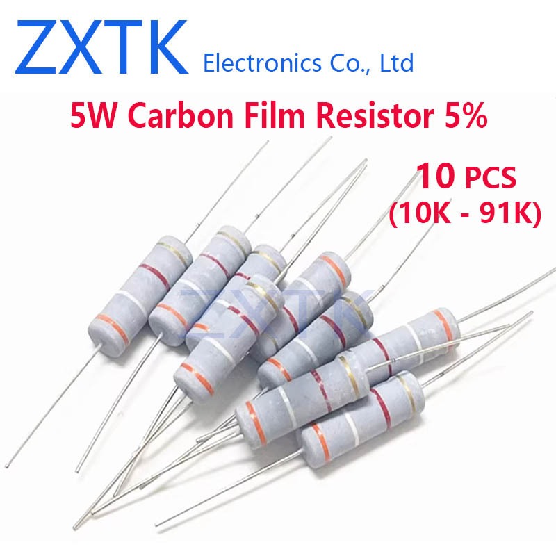 10PCS 5W Carbon Film Resistor 5% แหวนสี 10K-91K 10K 11K 12K 13K 15K 16K 18K 20K 22K 24K 27K 30K 33K 