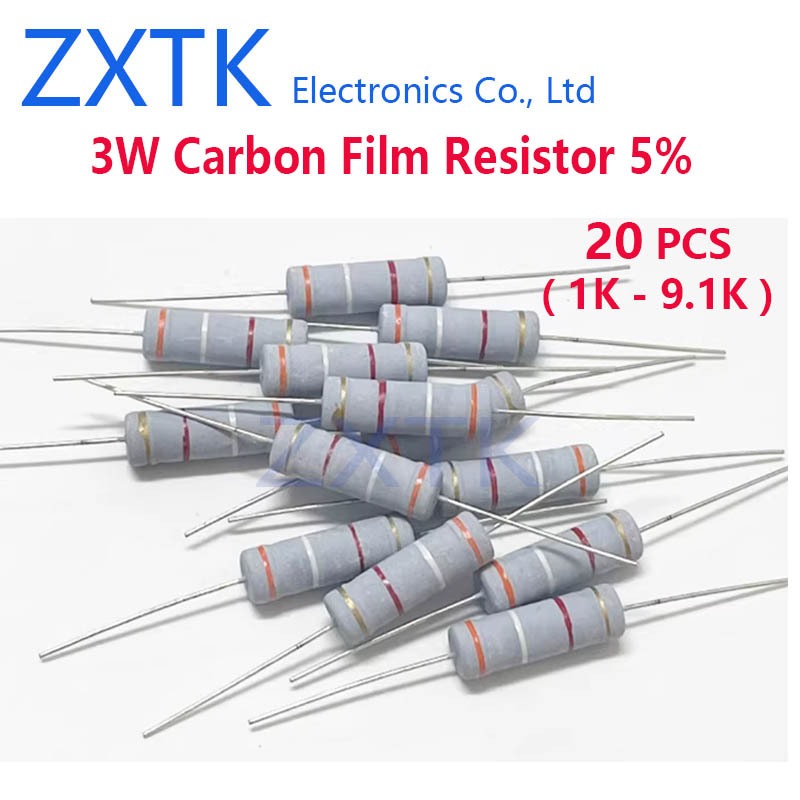 20pcs 3W Carbon Film Resistor 5% แหวนสี 1K-9.1K 1K 1.2K 1.5K 1.8K 2K 2.2K 2.4K 2.7K 3K 3.3K 3.6K 8.2