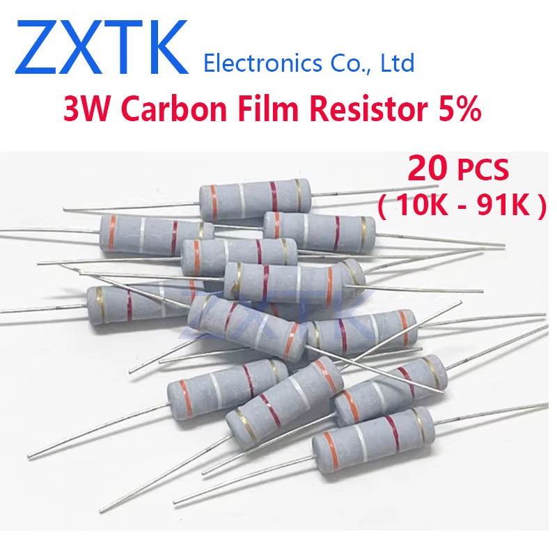 20pcs 3W Carbon Film Resistor 5% แหวนสี 10K-91K 10K 12K 15K 18K 20K 22K 24K 27K 30K 33K 82K 91K Carb
