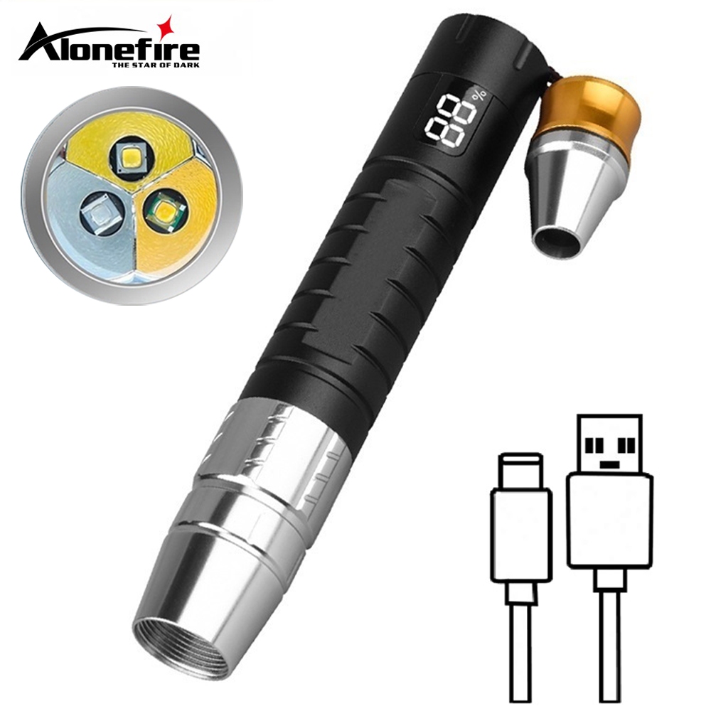 Alonefire SV105 3-in-1 สีขาวสีเหลือง UV 365nm LED LCD ไฟฉาย USB ชาร์จเครื่องประดับหยกหินสัตว์เลี้ยงคราบ Marker Ore เงินแมงป่อง Light