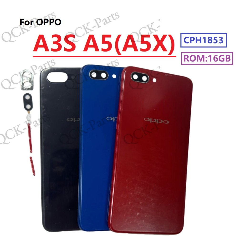 สําหรับ OPPO A3S A5 CPH1853 ปกหลังที่อยู่อาศัยประตูด้านหลังกรณีฝาปิดพร้อมกรอบกล้องเลนส์แก้ว + ปุ่มปรับระดับเสียงพลังงาน