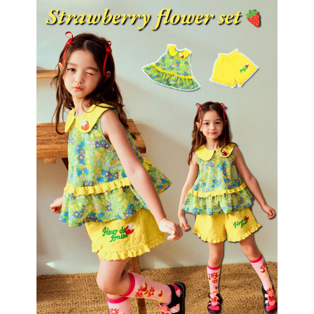 【พร้อมส่ง】Strawberry blouse set ชุดเสื้อแขนกุด ลายดอกไม้ และกางเกงขาสั้น เสื้อผ้าเด็กผู้หญิง แฟชั่นฤดูร้อน สไตล์เกาหลี อายุ 1-12 ปี Bubble Kids