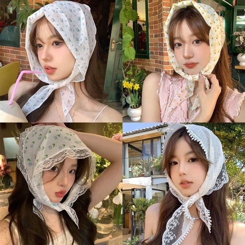 CODแฟชั่นเกาหลี ผ้าพันคอ สีขาว ที่คาดผม ผ้า ทรงสามเหลี่ยม แต่งลูกไม้ ลายดอกไม้ คุณภาพสูง เครื่องประดับแฟชั่น.xinyia.th