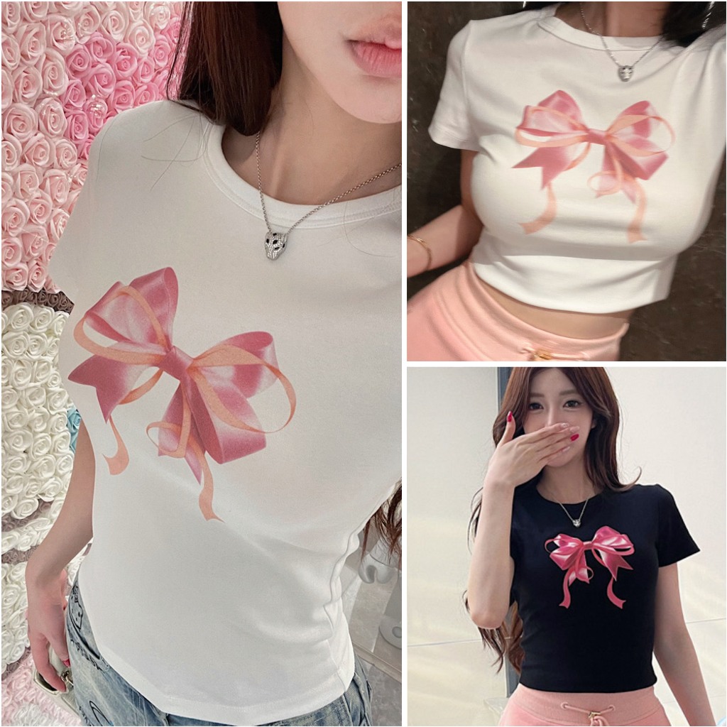 Hotgirl พร้อมส่ง✨ เสื้อครอป เสื้อยืด y2k ครอปแขนสั้นผู้หญิง ยืดแขนสั้นพิมพ์ลายโบว์น่ารัก สวยๆแฟชั่นเข้ารูป