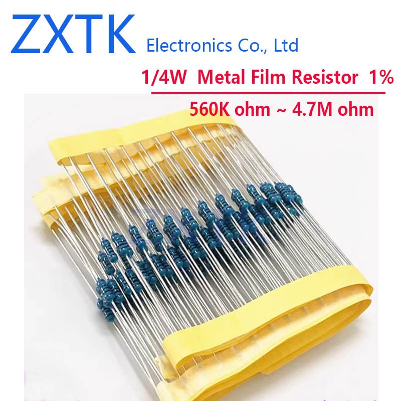 100PCS 0.25 วัตต์ 1/4W ตัวต้านทานฟิล์มโลหะ 560K - 4.7M โอห์ม 620K 680K 750K 820K 910K 1M 1.5M 2.2M 2