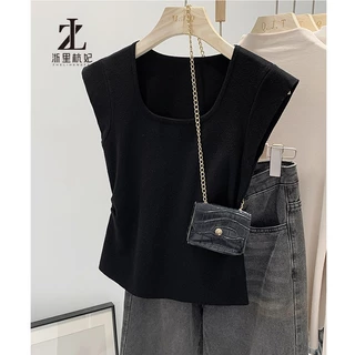 ZHELIHANGFEI เวอร์ชั่นเกาหลีแฟชั่นถัก เสื้อชั้นในสตรี ผู้หญิงสวมใส่ด้านนอกสั้น ยู-คอหวานลายเสื้อยืดแขนกุด