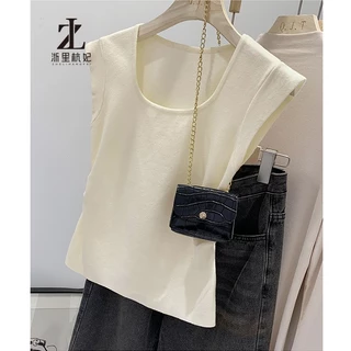 ZHELIHANGFEI เวอร์ชั่นเกาหลีแฟชั่นถัก เสื้อชั้นในสตรี ผู้หญิงสวมใส่ด้านนอกสั้น ยู-คอหวานลายเสื้อยืดแขนกุด