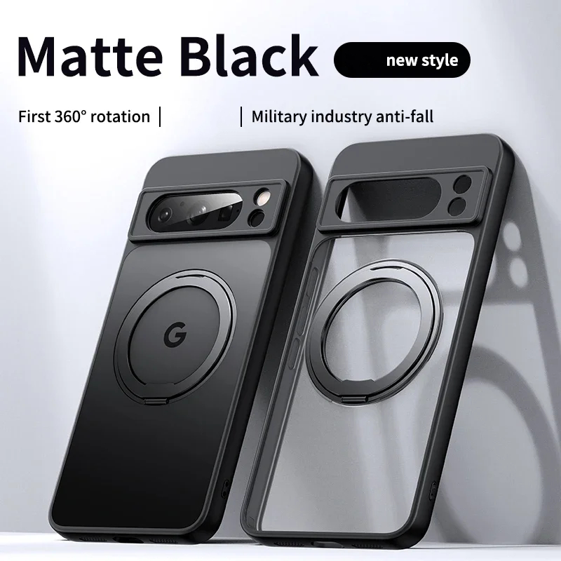 สําหรับ Google Pixel 9 8 Pro XL 8A 7 7A กรณีหรูหราโปร่งใสผิวที่เป็นมิตร Matte หมุนแม่เหล็กแหวนวงเล็บป้องกันปกหลังอุปกรณ์เสริม