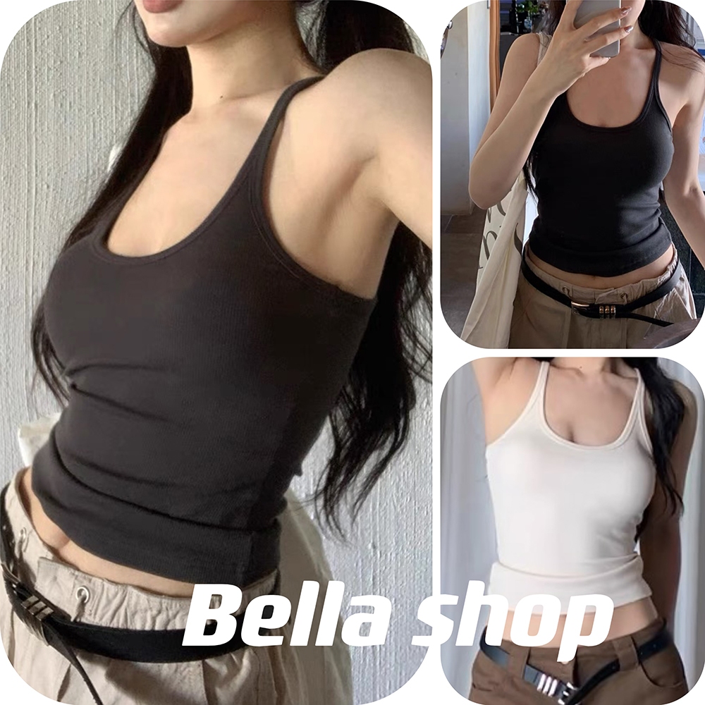 Bella shop🌼 เสื้อกั๊กสีทึบคอต่ำสไตล์อเมริกันสำหรับผู้หญิง Sexy tank