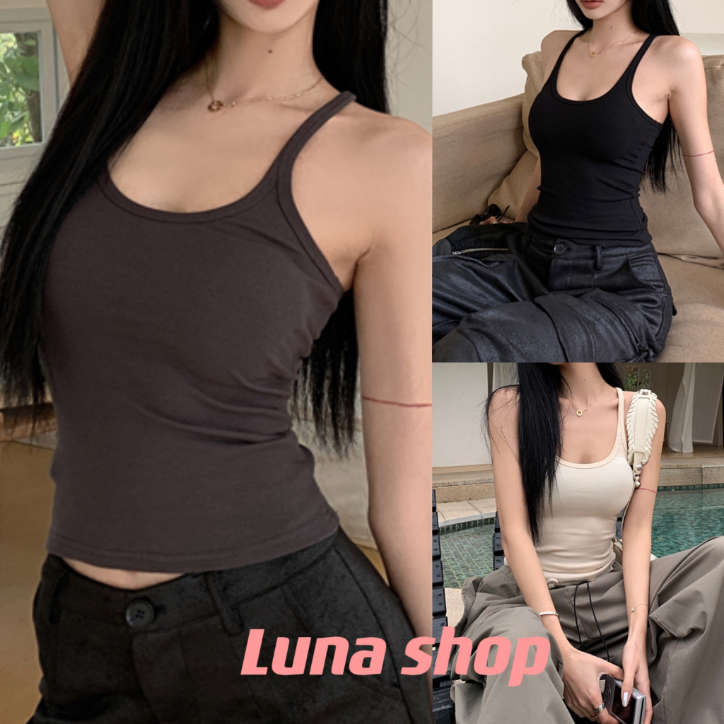 Luna shop🍒เสื้อกล้ามสีดำสาวฮอตอเมริกัน เสื้อกล้ามขาสั้นเข้ารูป