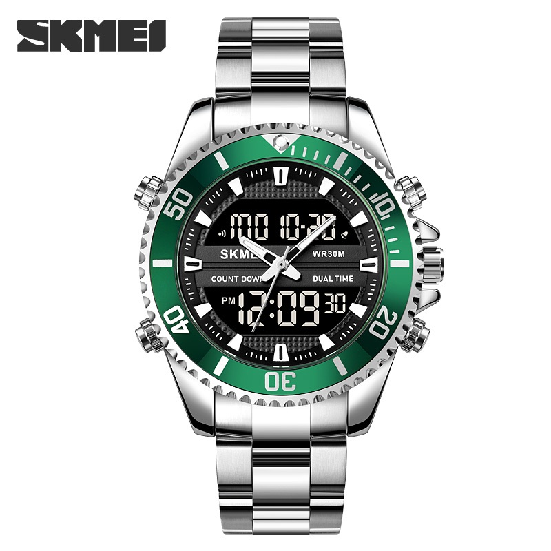 Skmei 1850 นาฬิกาปลุกผู ้ ชายนาฬิกากันน ้ ําสแตนเลส Relogio Masculino Dual จอแสดงผลนาฬิกาบุรุษแฟชั ่ นนาฬิกาข ้ อมือดิจิตอล