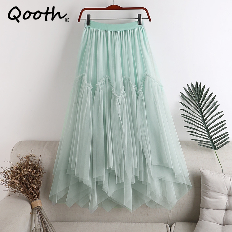 ผู ้ หญิงสบายๆไม ่ สม ่ ําเสมอยาวกระโปรง Tulle แฟชั ่ นเอวยางยืด Maxi Tutu ตาข ่ าย A-line กระโปรง QT2352