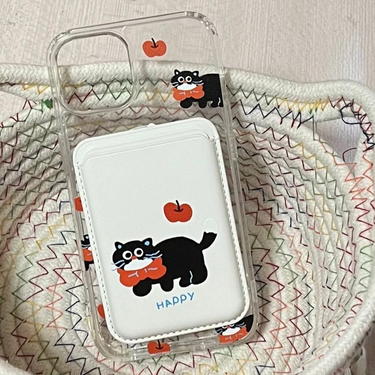 น่ารักแอปเปิ้ลสีดําแมวลายกระเป๋าสตางค์ผู้ถือบัตรสําหรับ ไอโฟน 15มือโปร 15มือโปรmax 14 14โปรแม็กซ์ 14 มือโปร เคสนิ่ม