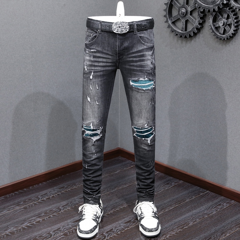 Amiri กางเกงยีนส์ High Street Men สีดำยืดหยุ่นสลิมฟิตสีน้ำเงินออกแบบประกบกางเกงยีนส์สไตล์ฮิปฮอปของผู