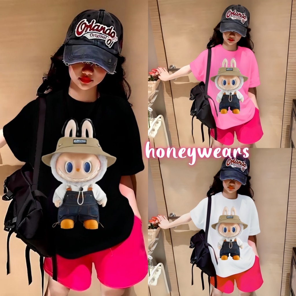 honeywears พร้อมส่ง ชุดลาบูบู้ ชุดแขนสั้นขาสั้นเด็กผู้หญิง แฟชั่น เสื้อสกรีนลาย labubu น่ารักๆ ไซส์ 120-160