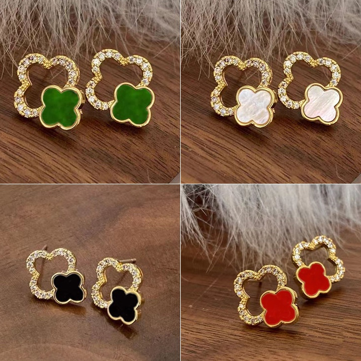 แฟชั ่ นเกาหลี Clover ต ่ างหู Rhinestone ต ่ างหูชุบทอง S925 หู Studs สําหรับผู ้ หญิงเครื ่ องประดับของขวัญสีแดงสีเขียวสีดําสีขาว