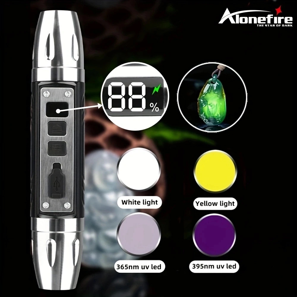 Alonefire SV106 4-in-1 สีขาวสีเหลือง UV 365nm/395nm LED LCD ไฟฉาย USB ชาร์จไฟฉายเครื่องประดับหยกหินสัตว์เลี้ยงคราบ Marker Ore เงิน Scorpion Light