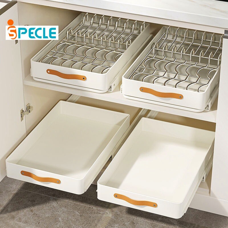 Ispecle【โปรโมชั่นเปิดร้านใหม่】ตะกร้าสเตนเลส 304 แบบดึงออก สําหรับตู้ ห้องครัว ชั้นวางจาน ชั้นวางของ