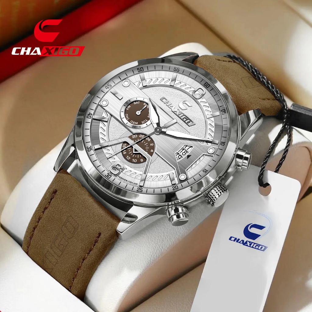 Chaxigo นาฬิกาผู้ชาย กันน้ำ 100% รุ่นใหม่ มาแรง หน้าปัดใหญ่ 43mm เรืองแสง สายหนัง ดีไซน์หรูหรา สไตล์ธุรกิจ พร้อมส่ง 7281-220songkran