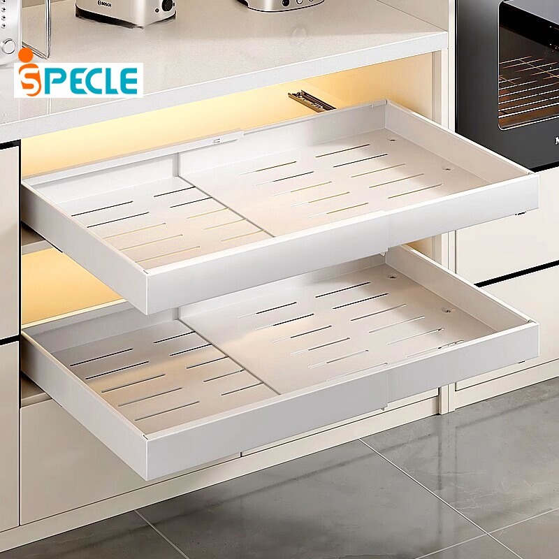 iSPECLE ตะกร้าแบบดึงออกได้ สามารถปรับความยาวได้ พร้อมชั้นวางจานชามเลื่อนได้ จัดเก็บลิ้นชักของตู้ครัวดึงออก