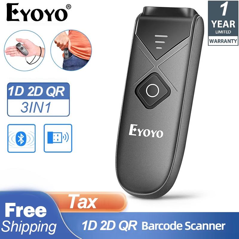 Eyoyo เครื่องสแกนบาร์โค้ด บลูทูธไร้สาย 2.4G 1D 2D QR PDF417 ขนาดเล็ก แบบพกพา พร้อมสาย USB