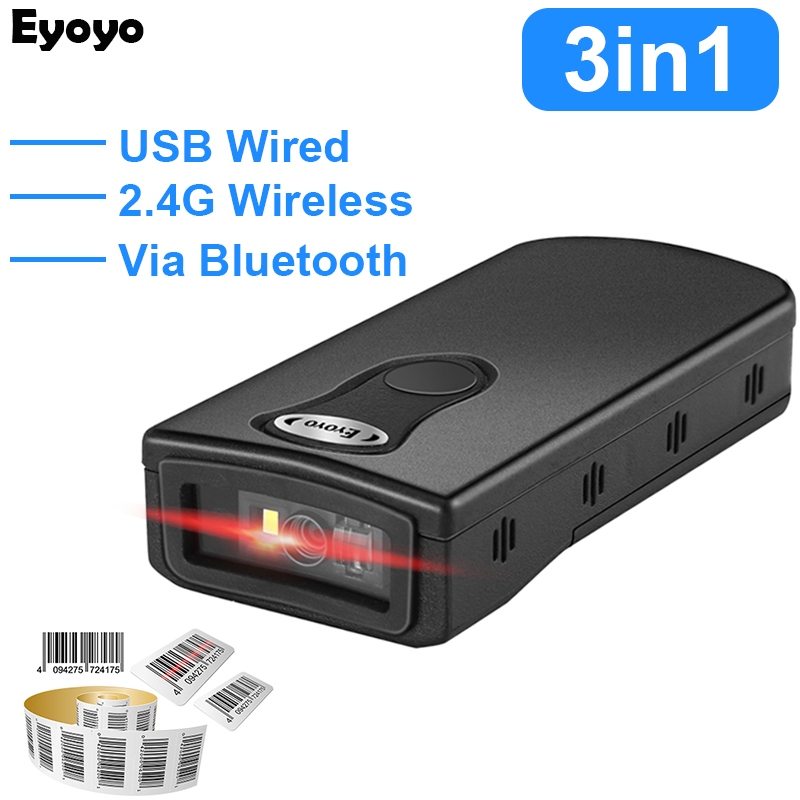 เครื่องสแกนบาร์โค้ด Eyoyo Bluetooth 1D QR 2D, สาย USB และเครื่องอ่านรหัสบาร์ไร้สาย 2.4G และ Bluetoot