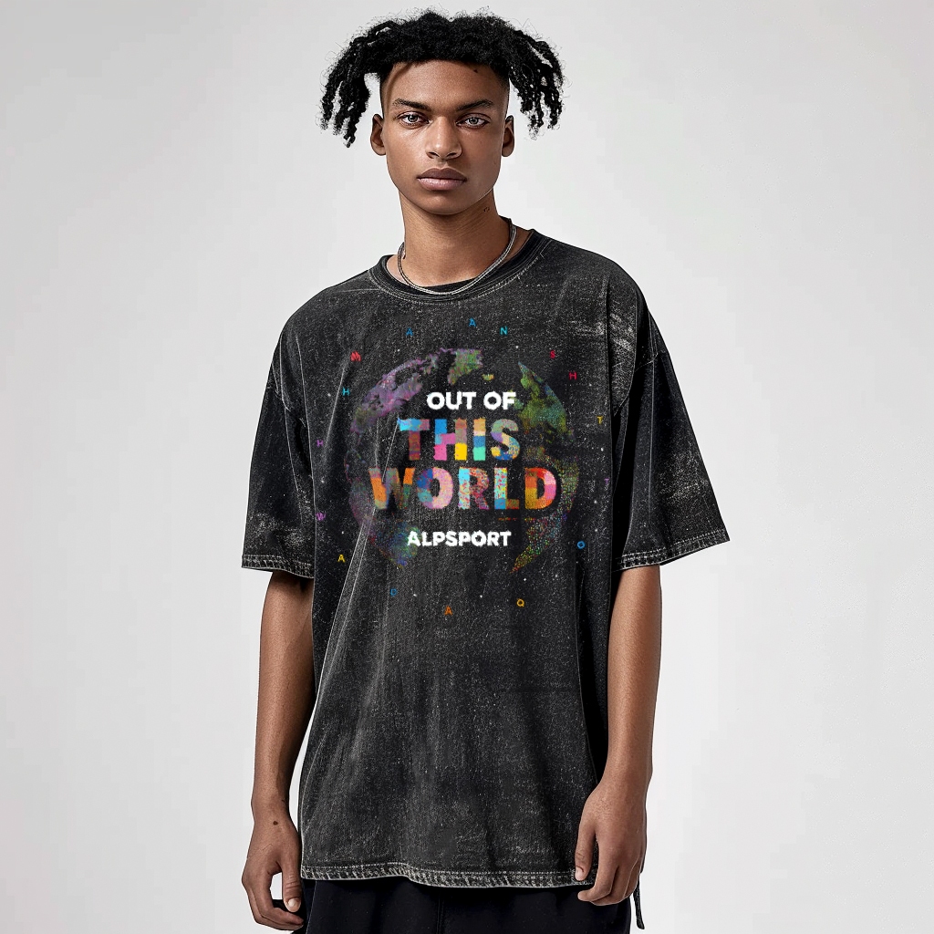 Alp OUT OF THIS WORLD Oversize Men เสื้อยืดสีดํา 100% ผ้าฝ้ายแท้ American High Street Retro Distress