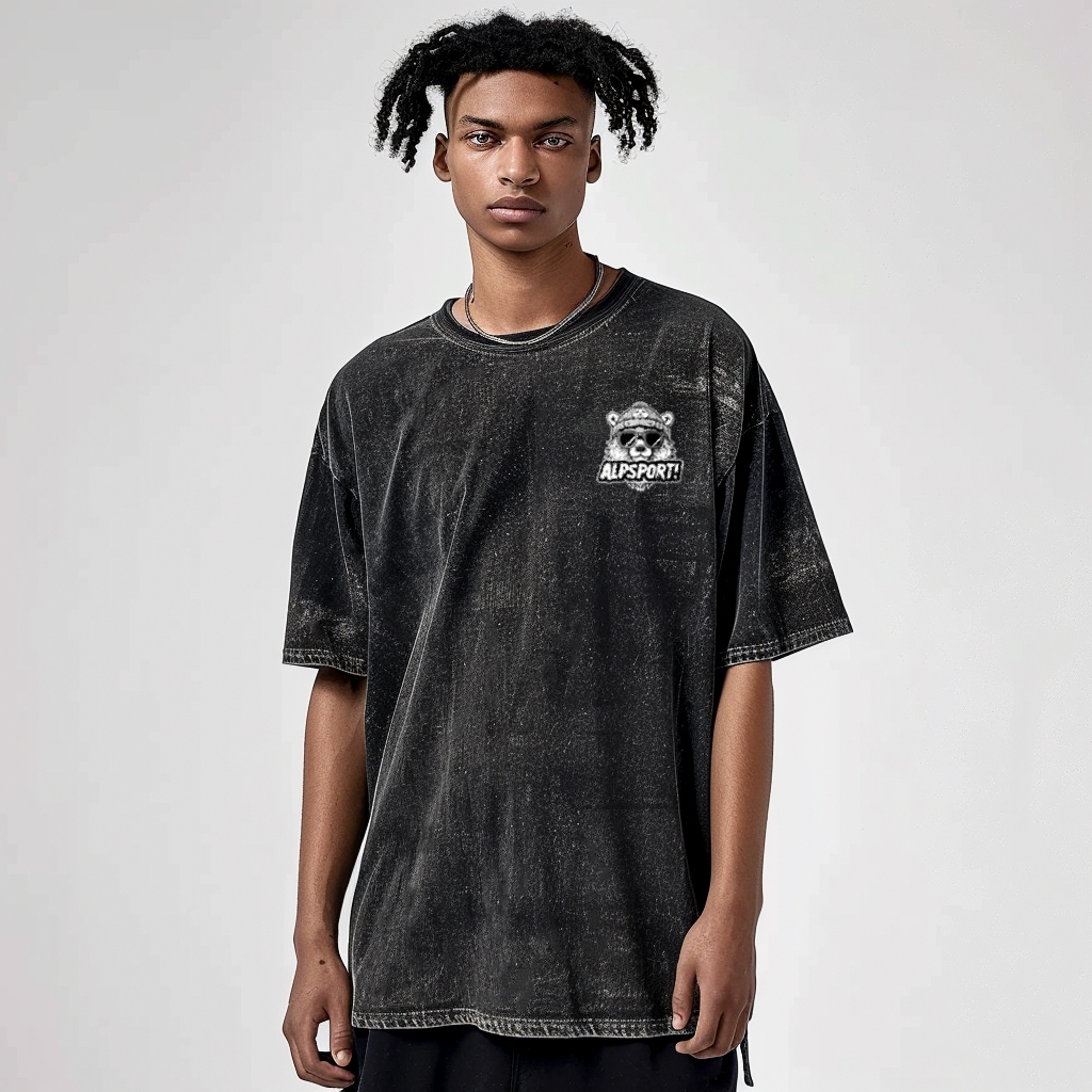 Alp ALPACA Oversize Men เสื้อยืดสีดํา 100% ผ้าฝ้ายแท้ American High Street Retro Distressed สไตล์ Dr