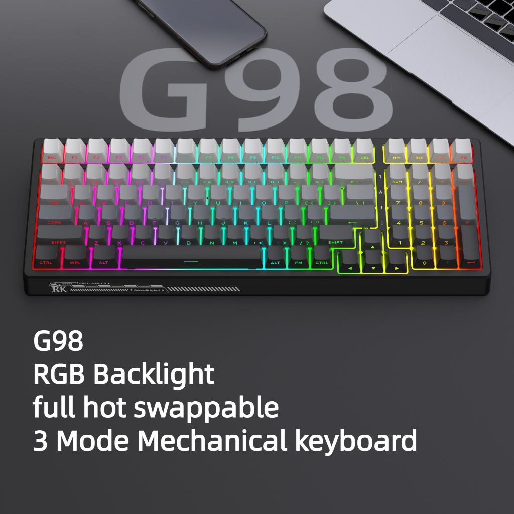 RK G98 Wireless 2.4g 3-mode Bluetooth Mechanical Keyboard RGB Hot-swappable Gaming E-sports Mechanical Keyboard