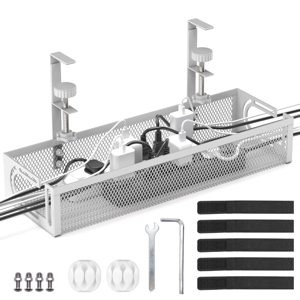 No-drill Under Desk Cable Management Tray, Carbon Steel Cable Organizer Rack Power Strip Adapter Organizer Shelf