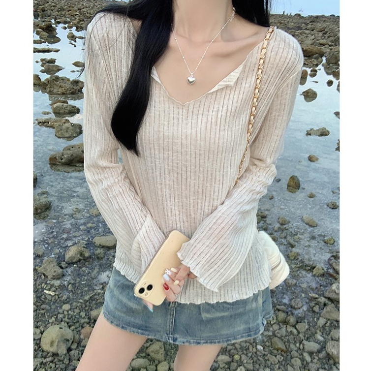 73451 เสื้อยืดแขนยาวคอวีหลวมฤดูร้อนน้ําหนักเบาด้านบน
