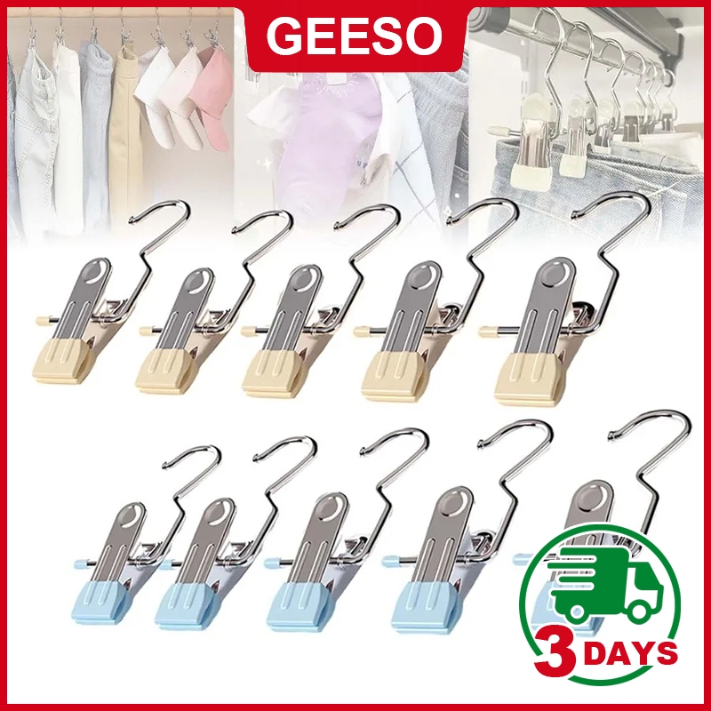 GEESO 10 ชิ้น ไม้แขวนเสื้อสแตนเลสอเนกประสงค์พร้อมคลิปหนีบ คลิปหนีบเสื้อผ้า ถุงเท้า ผ้าเช็ดตัว หมวก คลิปจัดเก็บกันลื่นคลิป Anti-Rust Clip