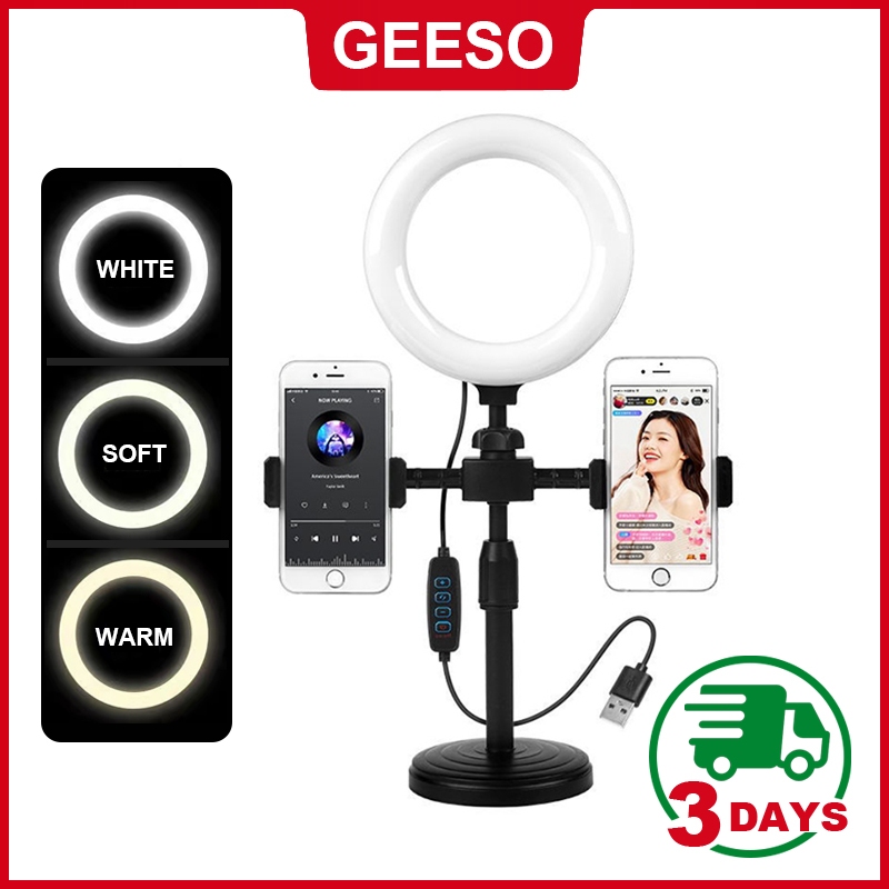 GEESO ไฟไลฟ์สด ไฟวงแหวนLED +พร้อมขาตั้ง +2ที่จับมือถือ ไฟไลฟ์สดมีขาตั้งไฟ โหมดไฟ 3 สี Ring Light