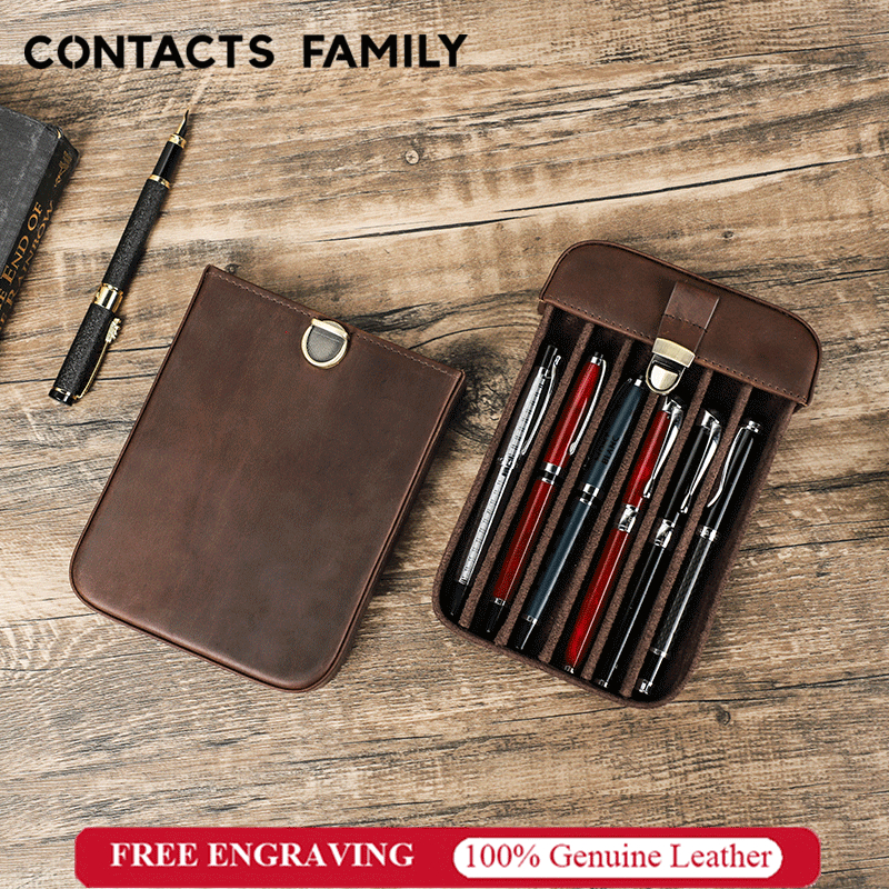 CONTACTS FAMILY Retro Crazy Horse หนังปากกา 6 ช ่ อง Handmade Snap ผู ้ ชายปากกากล ่ องเก ็ บแบบพกพา