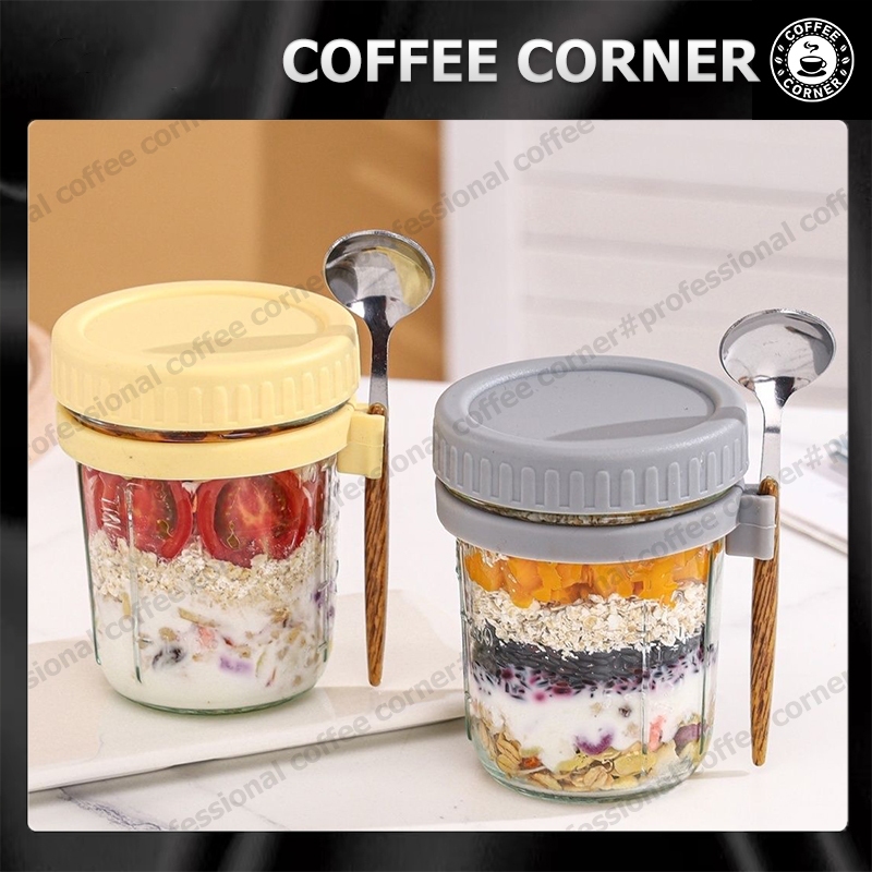 【สินค้าพร้อมส่ง】แก้วอาหารเช้า ถ้วยแก้ว มีฝาปิดและช้อน 350ml แก้วน้ำแบบพกพา แก้วปิดผนึกแบบพกพา ถ้วยข้าวโอ๊ต กาแฟ