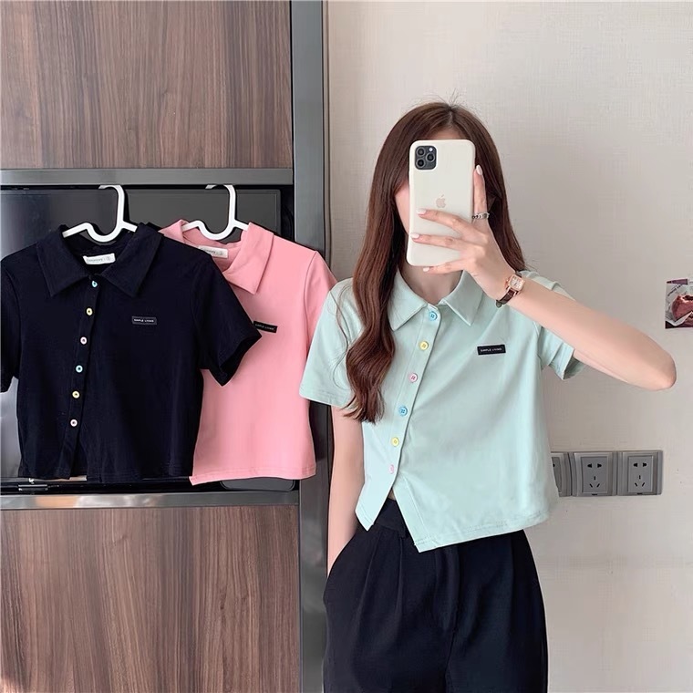 【WJZ】เสื้อยืดสไตล์โปโล แขนสั้น ผ้าฝ้ายแท้ เอวสูง ทรงเข้ารูป แฟชั่นผู้หญิง【53】