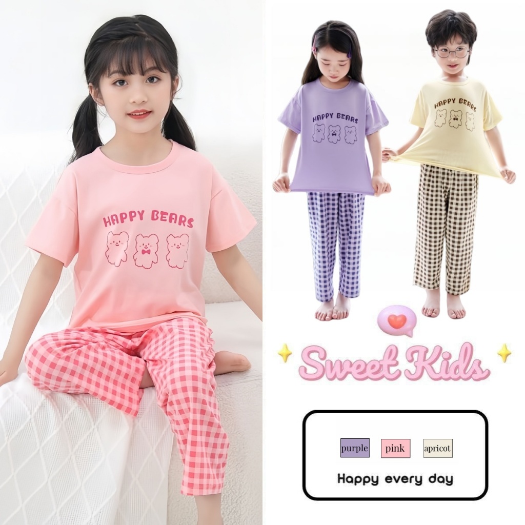 SweetKids พร้อมส่งจากกทม🌸ชุดเซ็ทลำลองเด็ก🍓เสื้อแขนสั้นพิมพ์ลายหมีกางเกงลายสก๊อต 2ชิ้น สีสดใส แฟชั่น ฤดูร้อน