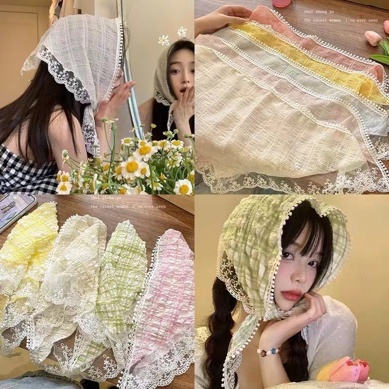 ผ้าโพกหัว ลายสก๊อต สีเขียว พิมพ์ลายดอกไม้ ลูกไม้ ทรงสามเหลี่ยม ผ้าพันคอ ผ้าโพกหัว วันหยุด ชายหาด เครื่องประดับผม สําหรับผู้หญิง.besla.th