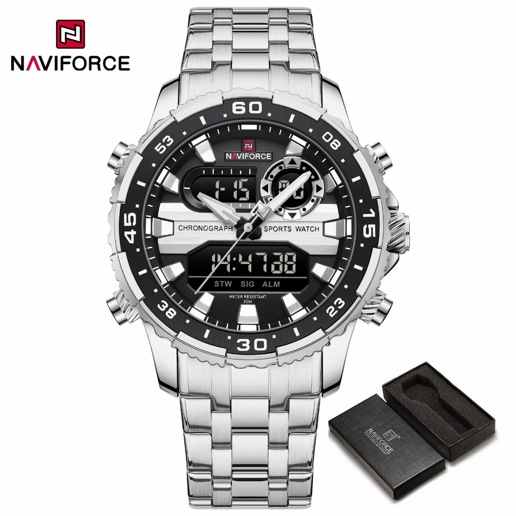 Naviforce แบรนด ์ หรูกันน ้ ําดิจิตอลทหารควอตซ ์ นาฬิกาข ้ อมือสําหรับชาย 9234