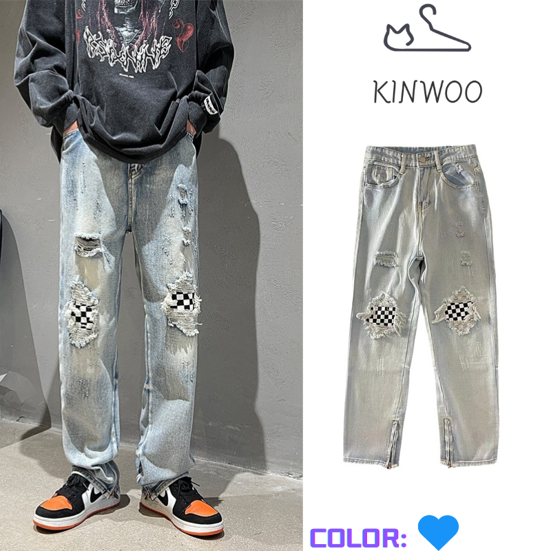 KINWOO กางเกงยีนส์ผู้ชายลายตารางหมากรุกขาด ฤดูร้อน ถนนสูง ความรู้สึกเฉพาะด้านการออกแบบ ตรง หลวม แบรนด์อินเทรนด์ ฮิพฮอพ