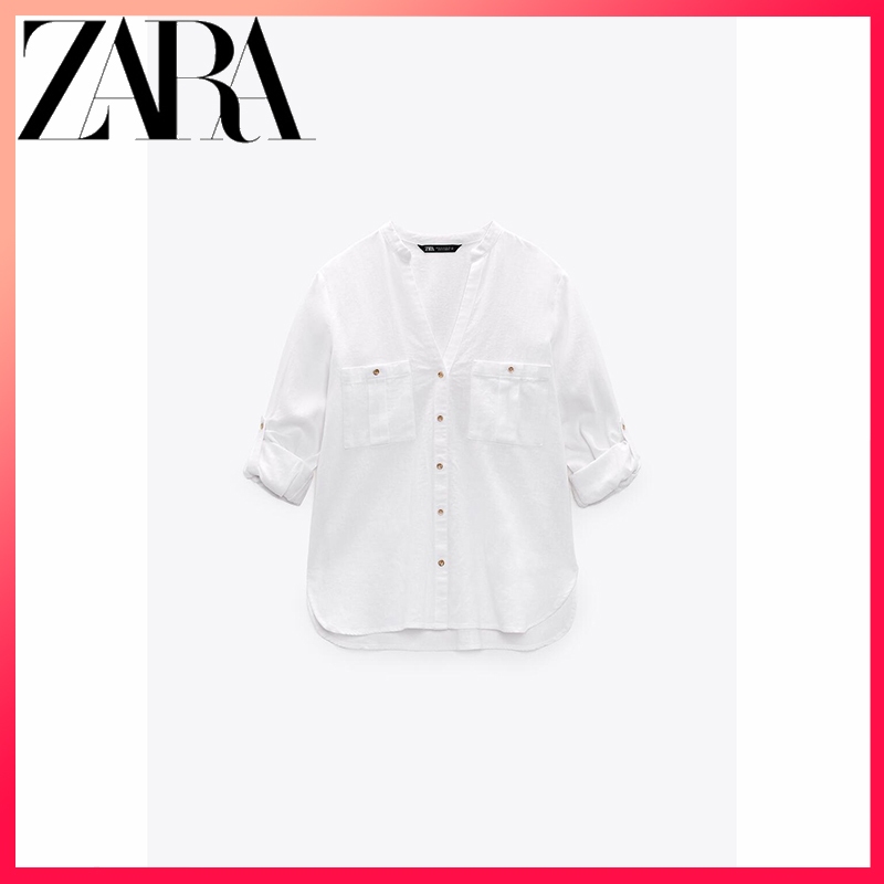 Zara ใหม่ เสื้อผ้าผู้หญิง แขน สามารถม้วนขึ้น ผ้าลินินผสม เสื้อ